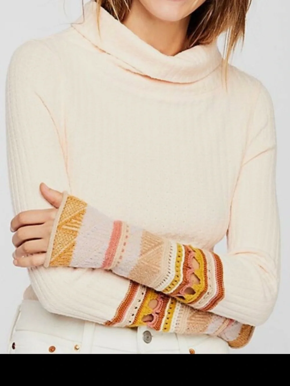 Free People Soft Peach Turtleneck Sweater with Patterned Cuffs Arm Warmer